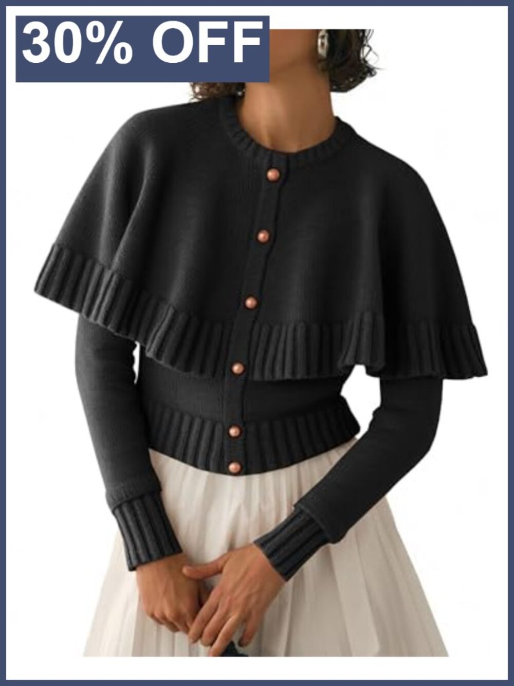 Womens Cropped Cape Cardigan Button Down Long Sleeve Knit Sweater